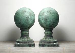 A Pair of 19th Century Verdigris Composite Stone Ball Finials
